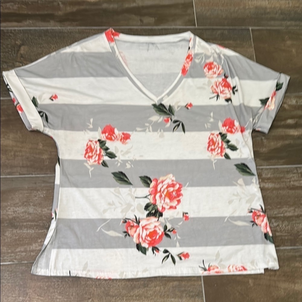 Floral Striped V-Neck Top - Gray and Pink